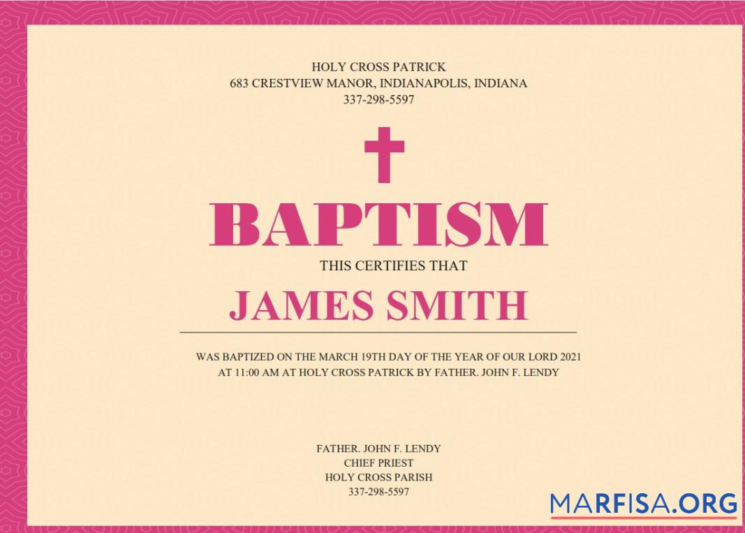 Blank USA baptism certificate real example